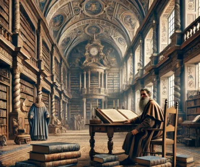 DALL·E 2024-11-28 10.41.22 - A historical scene depicting a Renaissance-era scholar in a grand library, surrounded by ancient books and manuscripts, with detailed architectural el