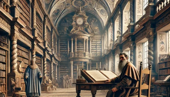 DALL·E 2024-11-28 10.41.22 - A historical scene depicting a Renaissance-era scholar in a grand library, surrounded by ancient books and manuscripts, with detailed architectural el