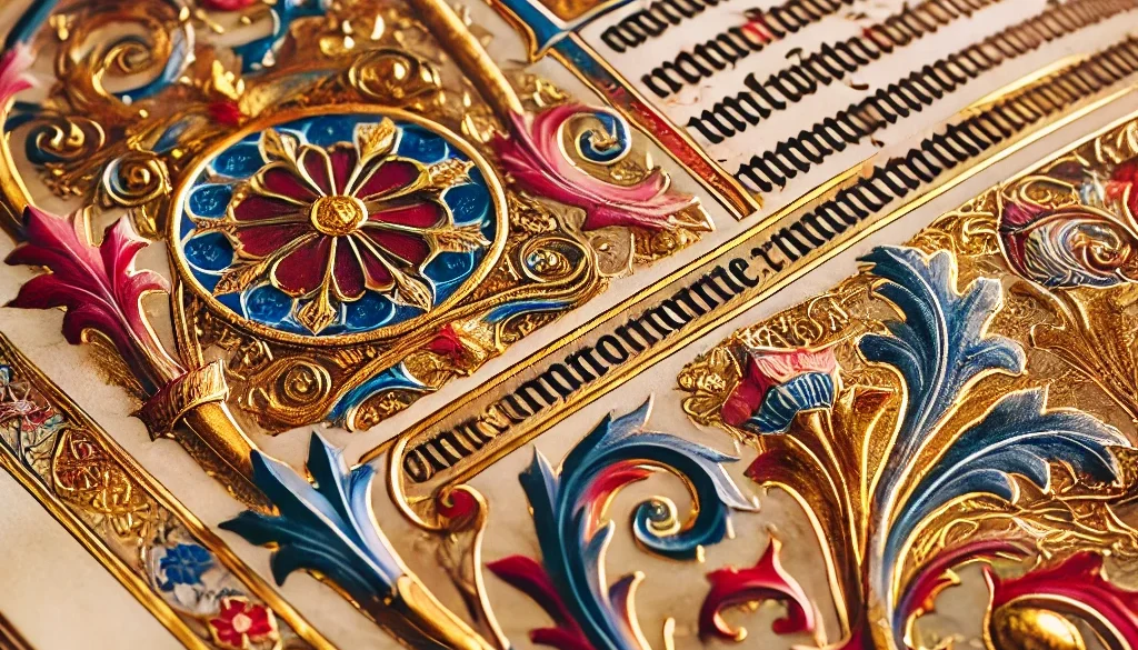 DALL·E 2024-11-28 10.41.34 - A close-up image of an illuminated manuscript featuring gold leaf details, vibrant Renaissance-era colors, and intricate decorative patterns. The focu