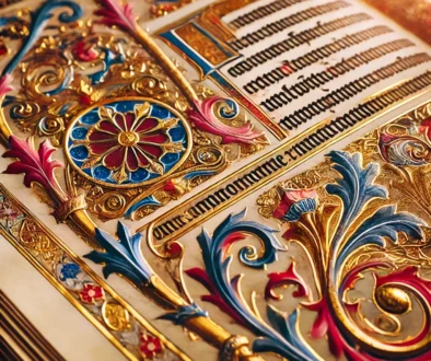 DALL·E 2024-11-28 10.41.34 - A close-up image of an illuminated manuscript featuring gold leaf details, vibrant Renaissance-era colors, and intricate decorative patterns. The focu