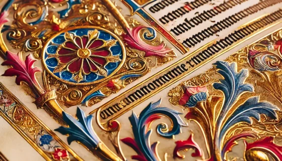 DALL·E 2024-11-28 10.41.34 - A close-up image of an illuminated manuscript featuring gold leaf details, vibrant Renaissance-era colors, and intricate decorative patterns. The focu