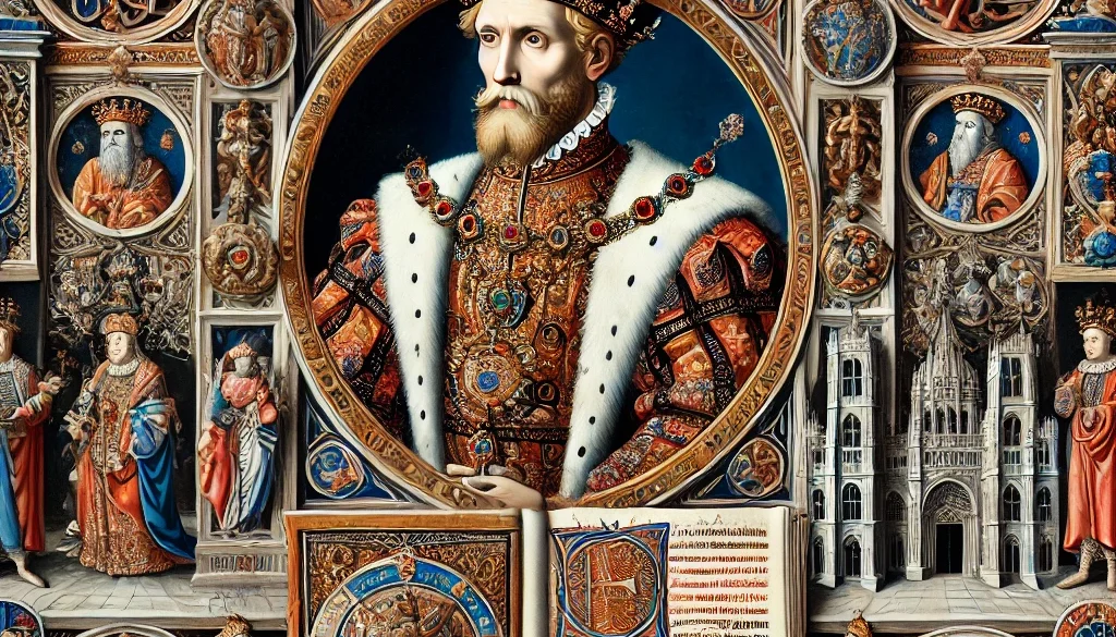 DALL·E 2024-11-28 10.41.37 - A Renaissance-era illuminated manuscript page showcasing a royal figure, surrounded by elaborate decorative borders and miniatures, with symbols of po