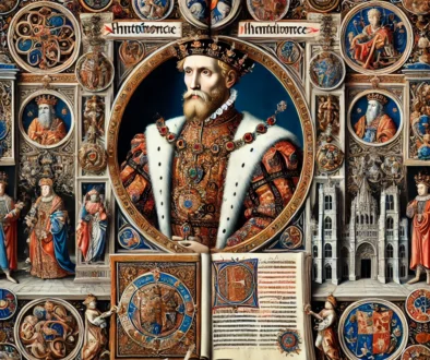 DALL·E 2024-11-28 10.41.37 - A Renaissance-era illuminated manuscript page showcasing a royal figure, surrounded by elaborate decorative borders and miniatures, with symbols of po