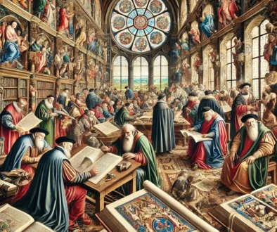 DALL·E 2024-11-28 10.41.42 - A historical depiction of Renaissance-era scholars and artists working on illuminated manuscripts in a grand study. The scene is filled with intricate