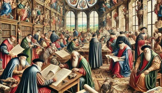 DALL·E 2024-11-28 10.41.42 - A historical depiction of Renaissance-era scholars and artists working on illuminated manuscripts in a grand study. The scene is filled with intricate
