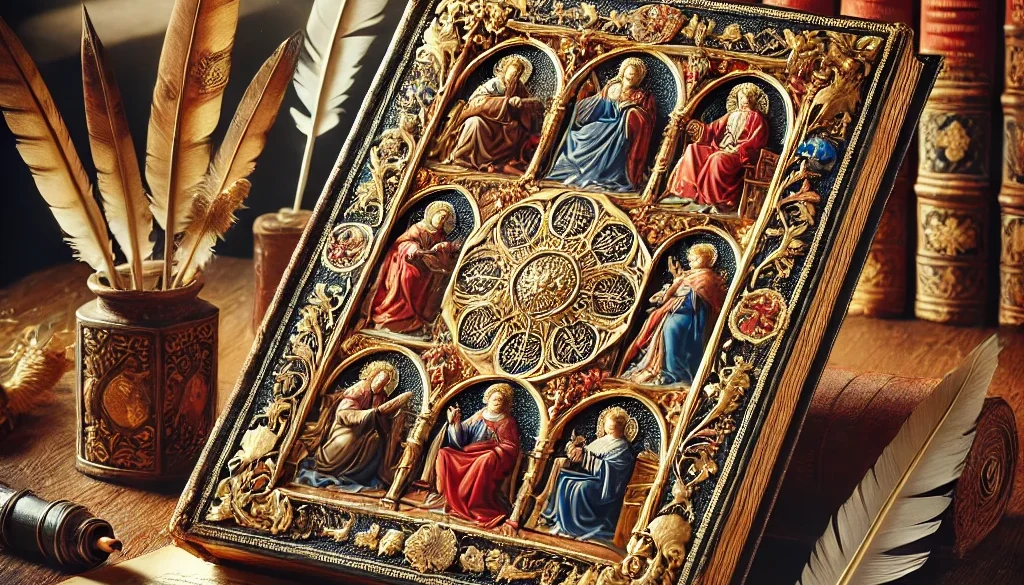 DALL·E 2024-11-28 10.41.45 - An ornate Renaissance manuscript with gold leaf and vivid illustrations, placed on an antique wooden desk with quills and scrolls, symbolizing the met