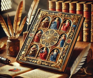 DALL·E 2024-11-28 10.41.45 - An ornate Renaissance manuscript with gold leaf and vivid illustrations, placed on an antique wooden desk with quills and scrolls, symbolizing the met