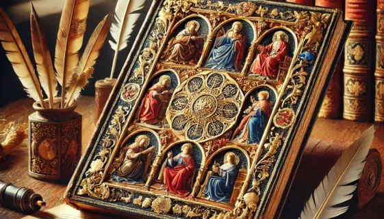 DALL·E 2024-11-28 10.41.45 - An ornate Renaissance manuscript with gold leaf and vivid illustrations, placed on an antique wooden desk with quills and scrolls, symbolizing the met