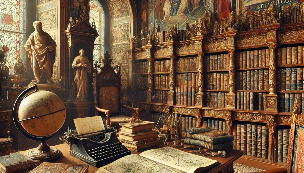 DALL·E 2024-11-28 10.41.48 - A Renaissance king's study filled with books, illuminated manuscripts, and maps, symbolizing the intellectual and cultural ambitions of the era. The s