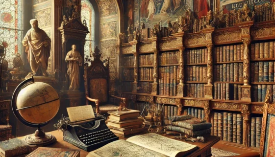 DALL·E 2024-11-28 10.41.48 - A Renaissance king's study filled with books, illuminated manuscripts, and maps, symbolizing the intellectual and cultural ambitions of the era. The s