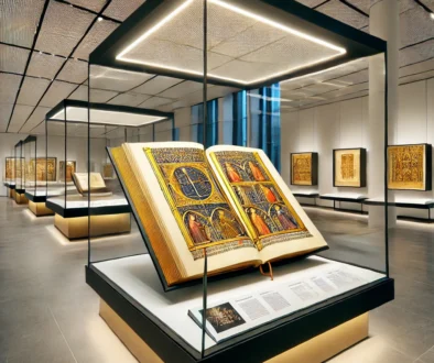 DALL·E 2024-11-28 10.41.51 - A modern museum exhibit showcasing a Renaissance-era illuminated manuscript, presented in a glass display case with detailed lighting to highlight the