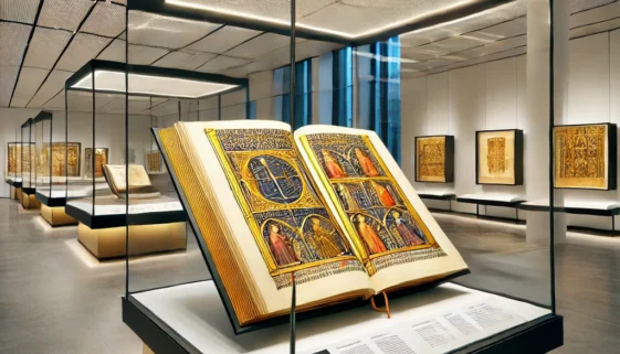 DALL·E 2024-11-28 10.41.51 - A modern museum exhibit showcasing a Renaissance-era illuminated manuscript, presented in a glass display case with detailed lighting to highlight the