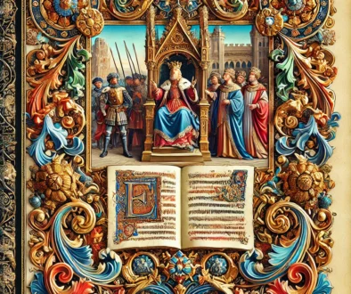 DALL·E 2024-11-28 10.48.22 - An illuminated manuscript page inspired by Renaissance art, featuring intricate decorative borders with gold accents and detailed miniatures, depictin