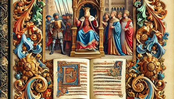 DALL·E 2024-11-28 10.48.22 - An illuminated manuscript page inspired by Renaissance art, featuring intricate decorative borders with gold accents and detailed miniatures, depictin